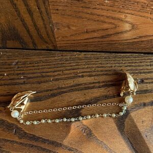 Gold Leaf Brooch with Chain and Pearl Accents
